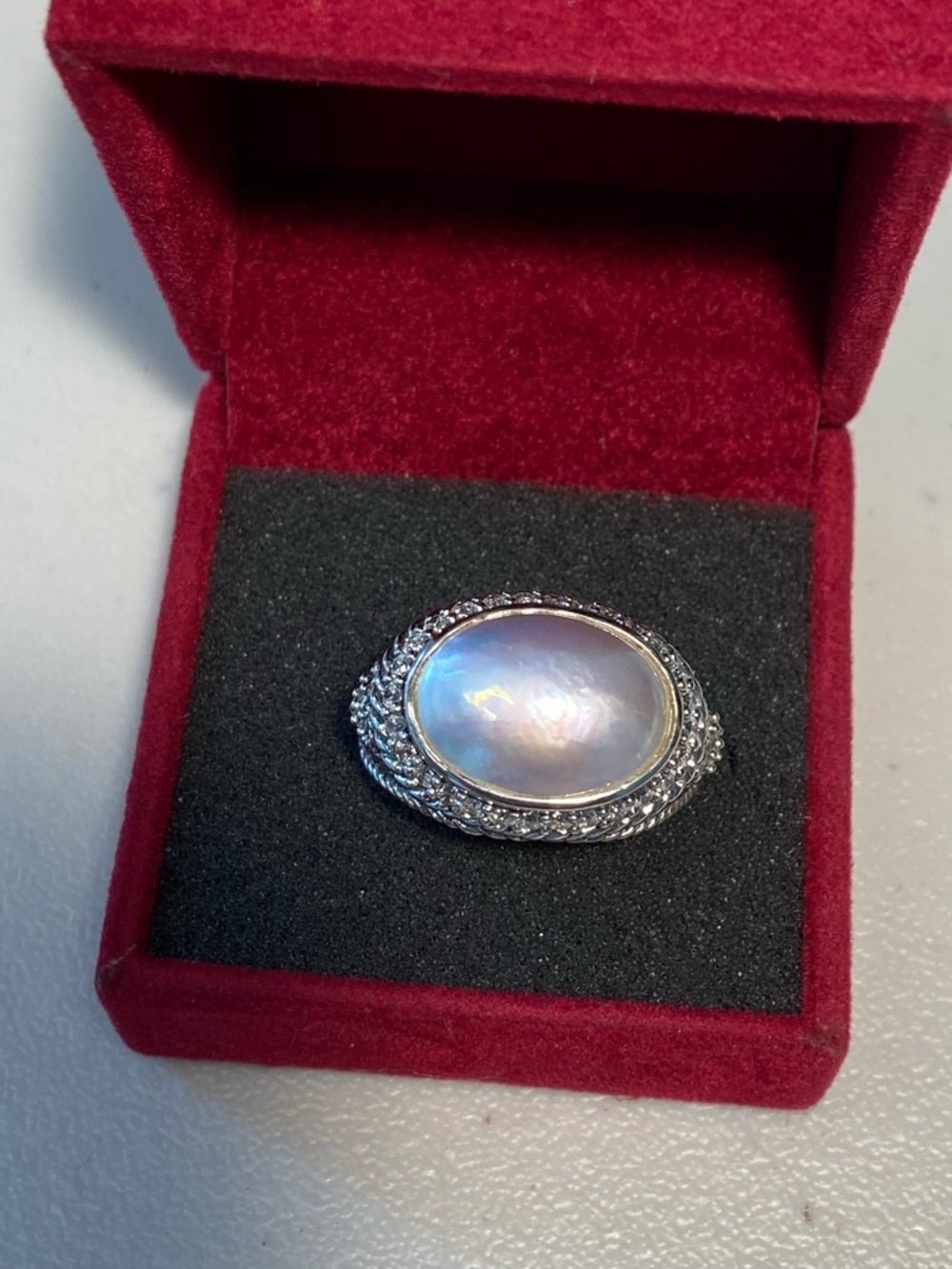 Judith Ripka 925 Silver Oval Pearl Dome CZ Cocktails Ring.